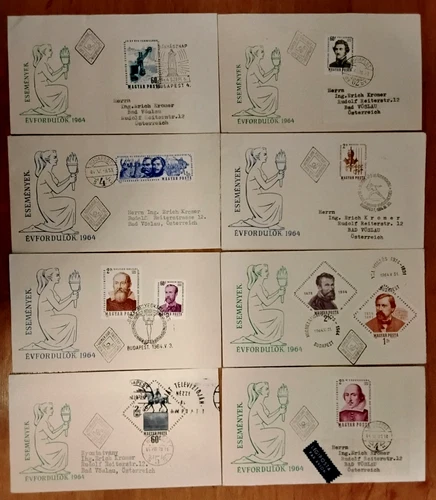 1964 Hungary 10x FDC mailed to Austria Michelangelo Shakespeare Galilleo Marx