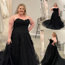 Gothic Black Wedding Dresses Strapless Applique A-line Bridal Gowns Plus Size