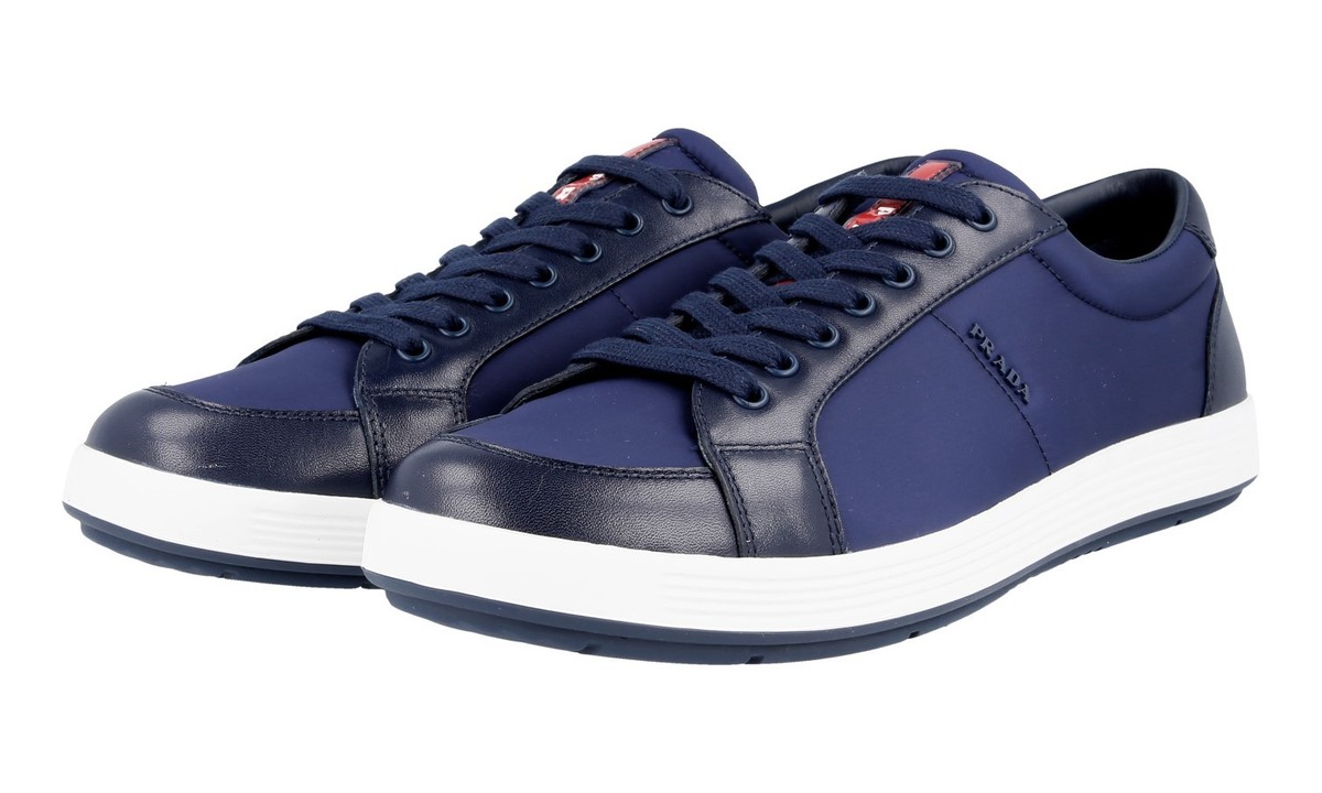 スニーカー Prada Navy Blue Leather Sneakers PRADA Leather + Nylon Sneakers Shoes - Navy Blue White - NEW