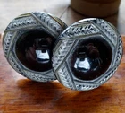 PAIR antique Victorian French jet black glass geometric top 7" long hat pin K126