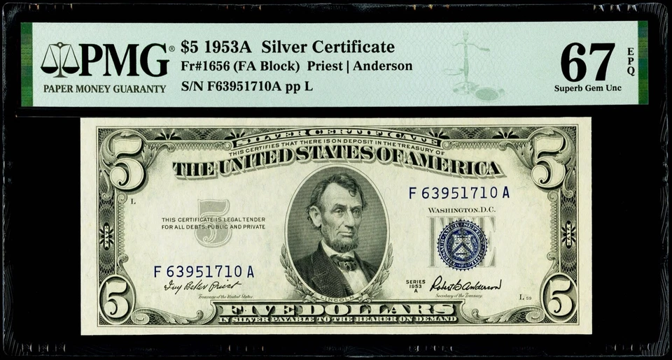 $5 1953A Silver Certificate Fr#1656 (FA Block)PMG 67 EPQ Superb Gem Uncirculated - Image 3 of 3