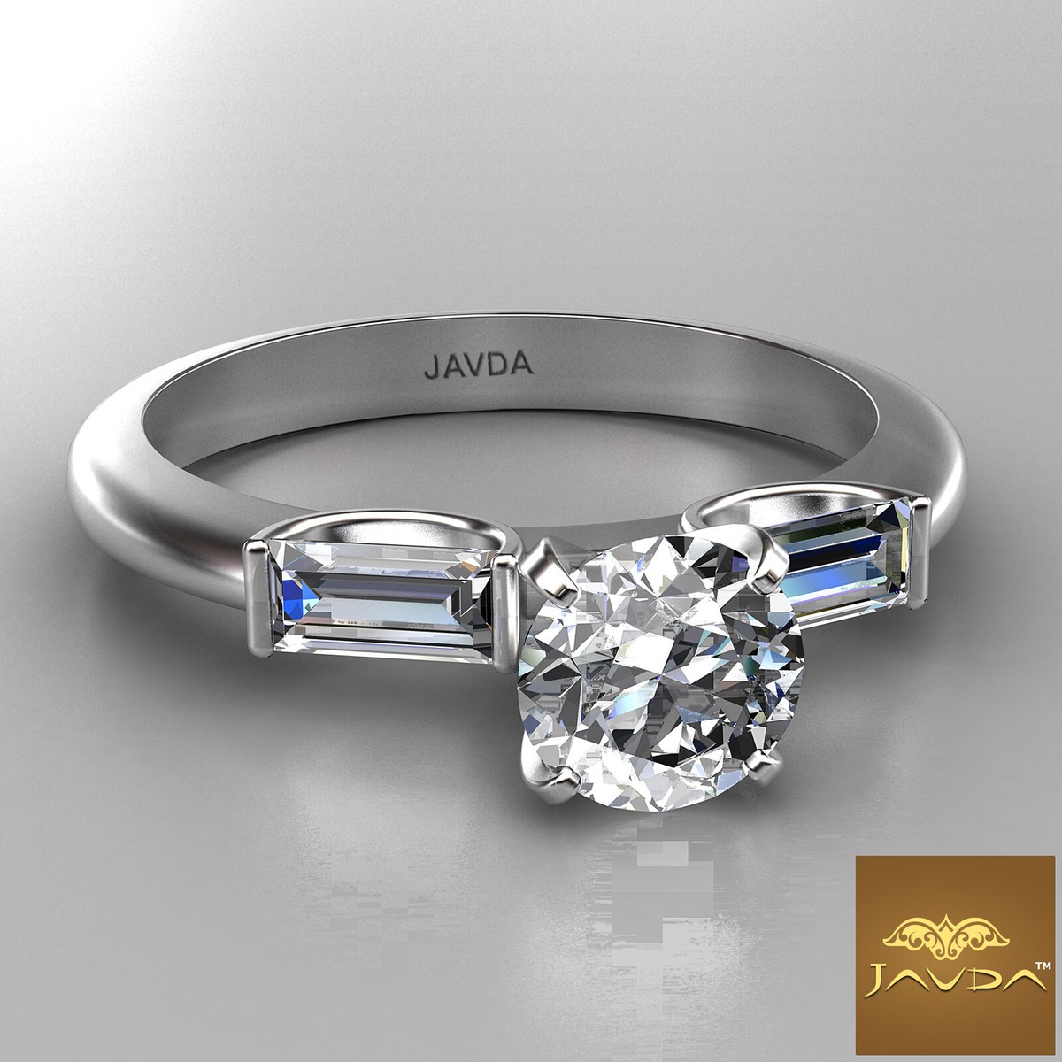 Baguette Bar Prong Setting Stone Round Diamond Engagement Ring