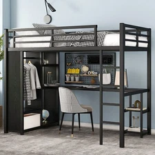 Twin XL/Full/Queen Size Metal Loft Bed Metal Bed Frame w/ Desk & Wardrobe Black
