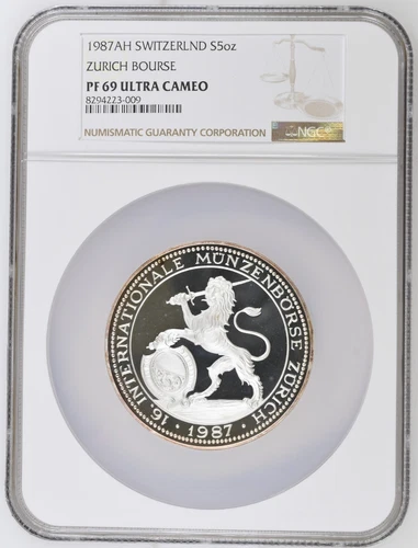 1987 SWITZERLAND 5 UNZEN 5oz SILVER PROOF ZURICH LION MUNZEN BORSE NGC PF 69 UC