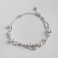 Classic Women Real s925 Sterling Silver Two Layers Beads Balls Bracelet Bangle