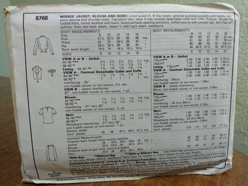McCalls 8768 Schnittmuster Misses Jacke Rock Top Gr. 8 Brustumfang 31 1/2 Neu aus altem Lagerbestand ungeschnitten - Bild 7 von 11