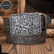 Mens Floral Cowboy Leather Belt High Quality Buckle Casual Vintage Strap Grey