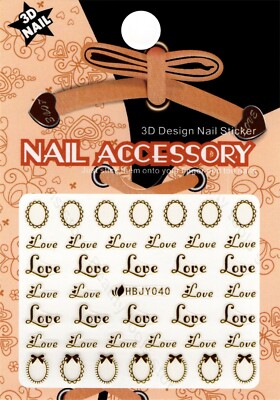 Nail Art 3D Decal Stickers Golden Words Love Hearts HBJY040