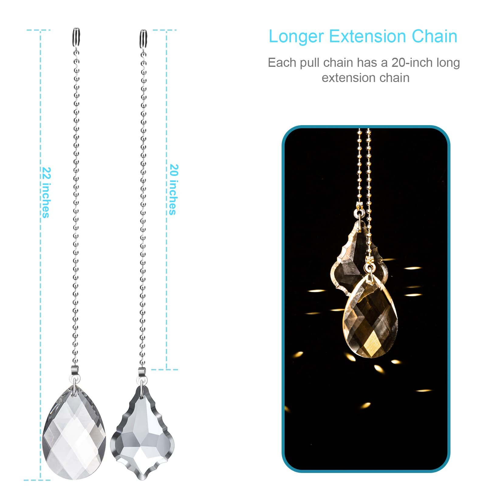 2PCS Ceiling Fan Pull Chains, Premium Fan Pull Chain W/ 20inch Extension Chains