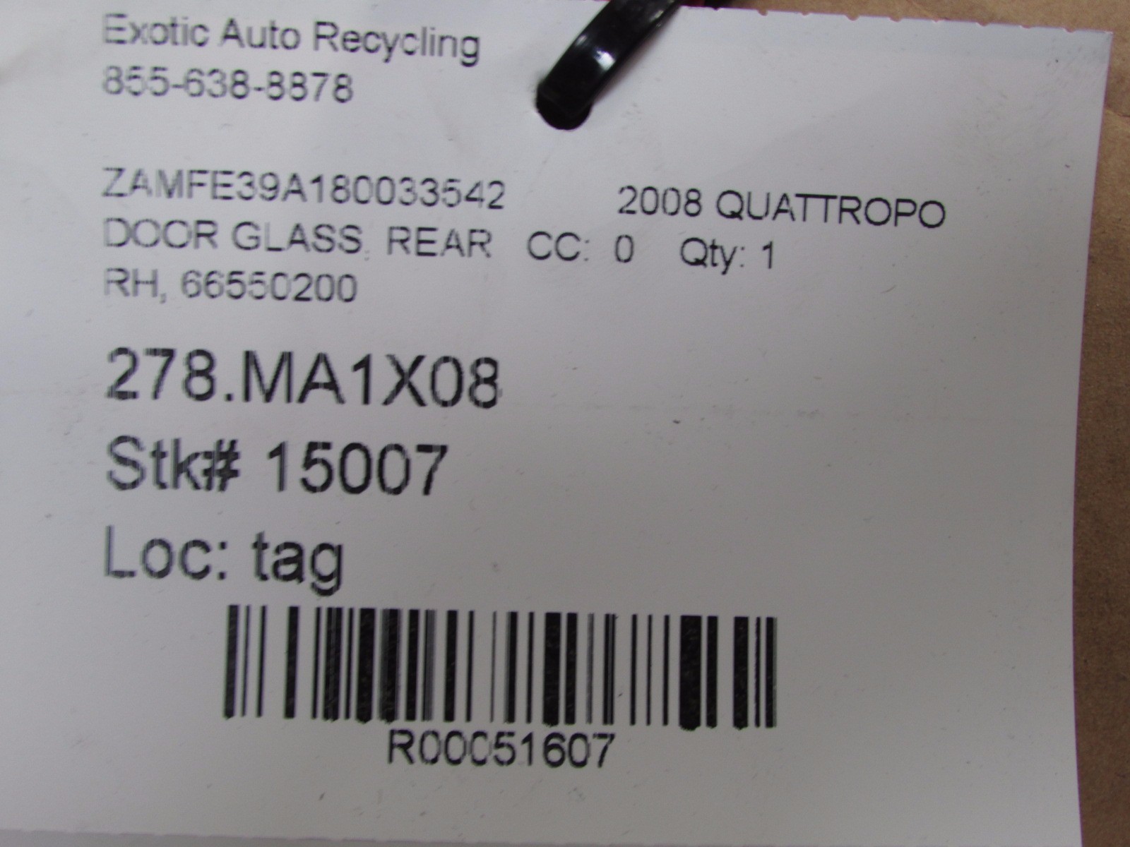 Maserati Quattroporte, RH, Right Rear Door Glass, Window, P/N 66550200