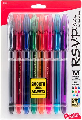 Lot De 8 Stylos à Bille Pentel R.S.V.P. Medium - Couleurs Assorties - Pour écriture Quotidienne