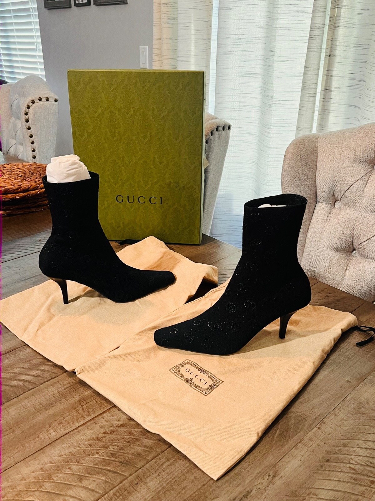 GUCCI Demi 75mm metallic knit ankle boots size 39 US 9 NIB $1200