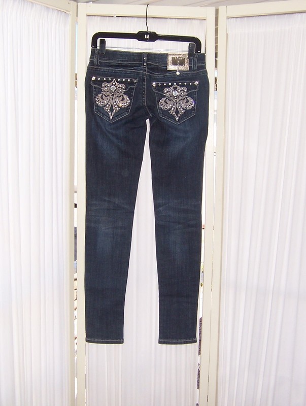 NWOT LA IDOL USA RHINESTONE DESIGN EMBELLISH FLAP POCKETS STRETCH BLUE JEANS 1