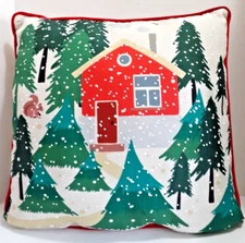 17" x 17" Winter Snow Scene Christmas Throw Pillow Cabin in Woods With Squirrel