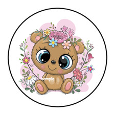 30 TEDDY BEAR AND FLOWERS STICKERS ENVELOPE SEALS LABELS 1.5" ROUND FAVORS
