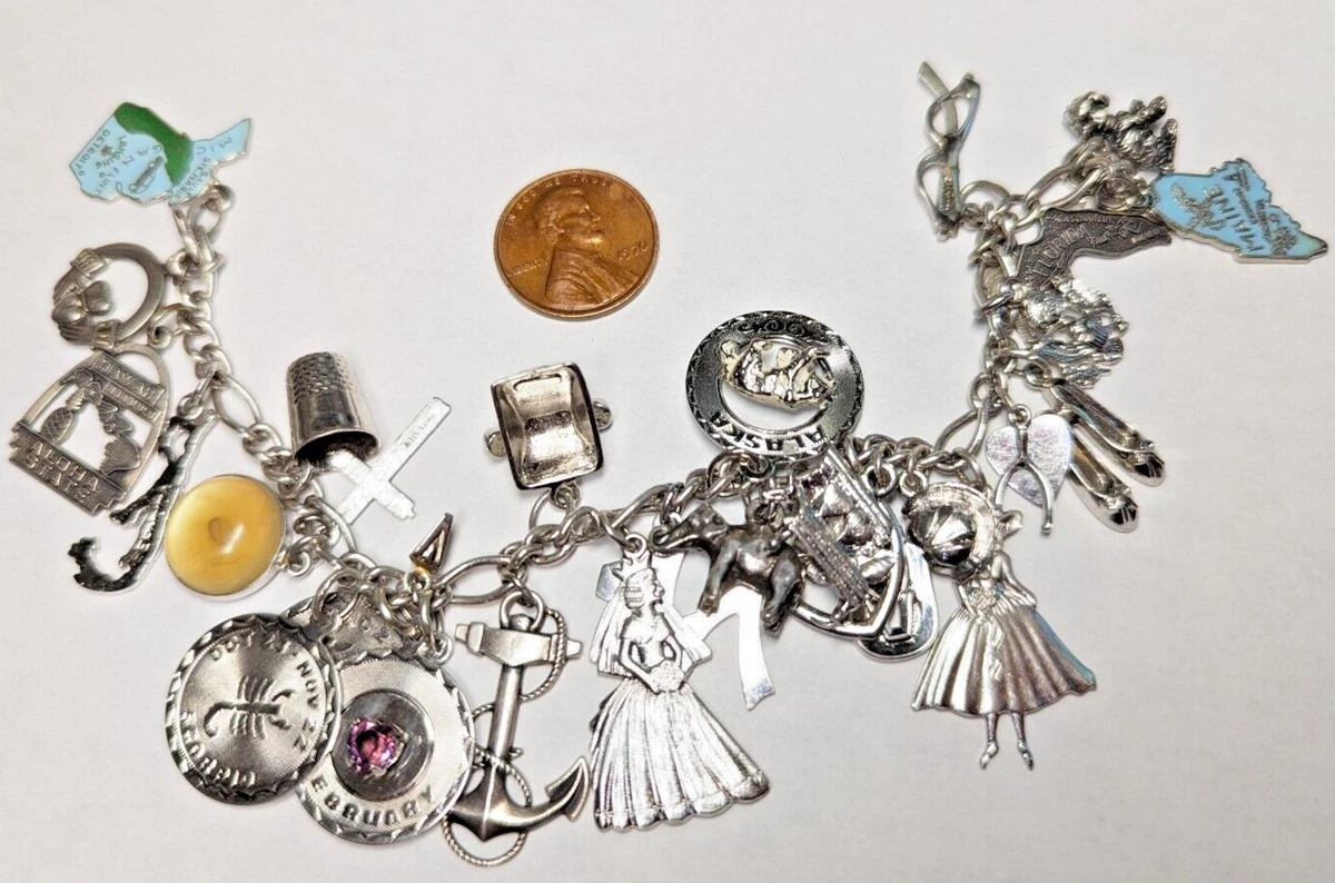 Estate Vintage Sterling Silver Charm Bracelet 12 Unique Charms 35