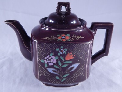 Antique Vintage Japan Teapot Early Mid Century Glossy Embossed Design Enamel