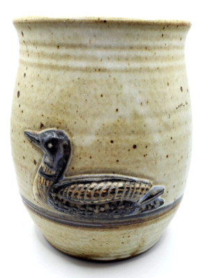 Handmade Thrown Utensil Holder with Three D Duck on Speckled Glaze Planter