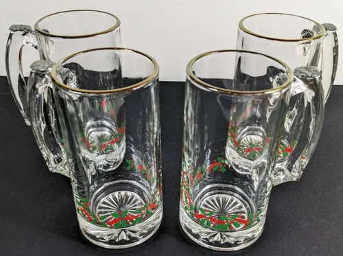 New Libby Arby’s Christmas Holly & Berry Gold Trim, Beer Mug Glasses 4 Steins