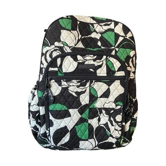 Vera Bradley Quilted Backpack &ndash; Black, White & Green Flora