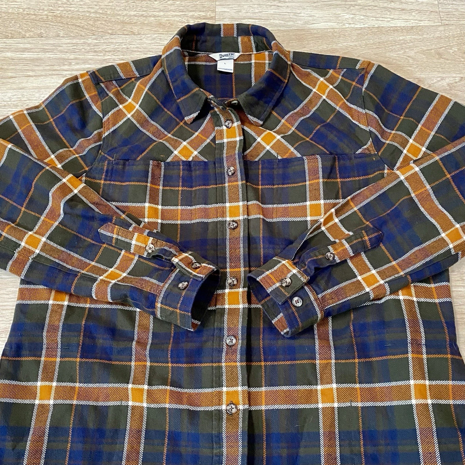 Duluth Trading Company Flannel Shirt Men’s Large Burnt Orange Blue Green Plaid