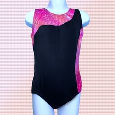 Gymnastics leotard Girls sz CL Child 9 Pink Black Silver Applique Design NEW