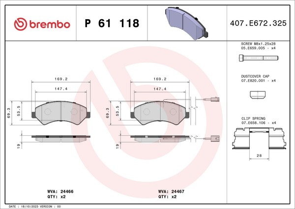 Bremsbelagsatz Scheibenbremse Prime Brembo P 61 118 FüR Fiat Peugeot CitroËN U9-image