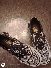 Rare Vans Slip On Casual M5 W6.5 Black White Bandana Skull Paisley