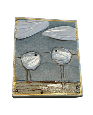 Signed Ginger Leigh Mini Painting on Wood Block Art Birds under Clouds 5'' X 4''