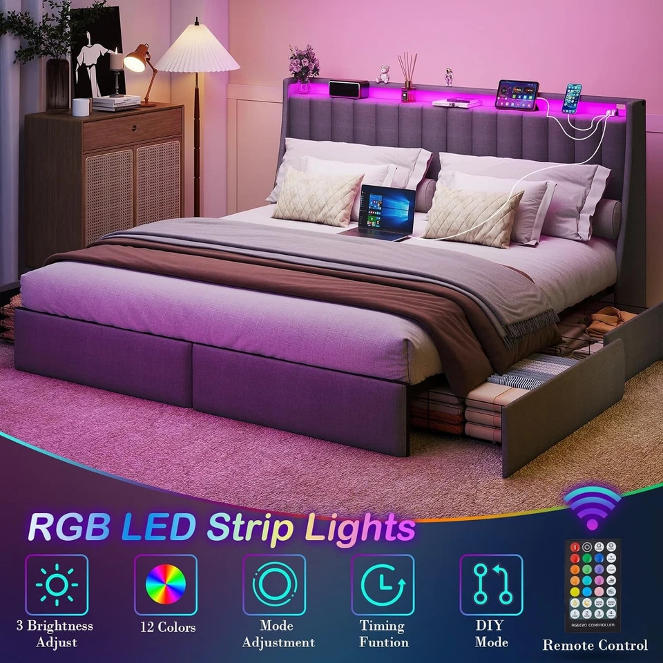 Marco de cama completo de metal Queen KING con cajones de almacenamiento y cabecero tapizado Foto 4 de 4