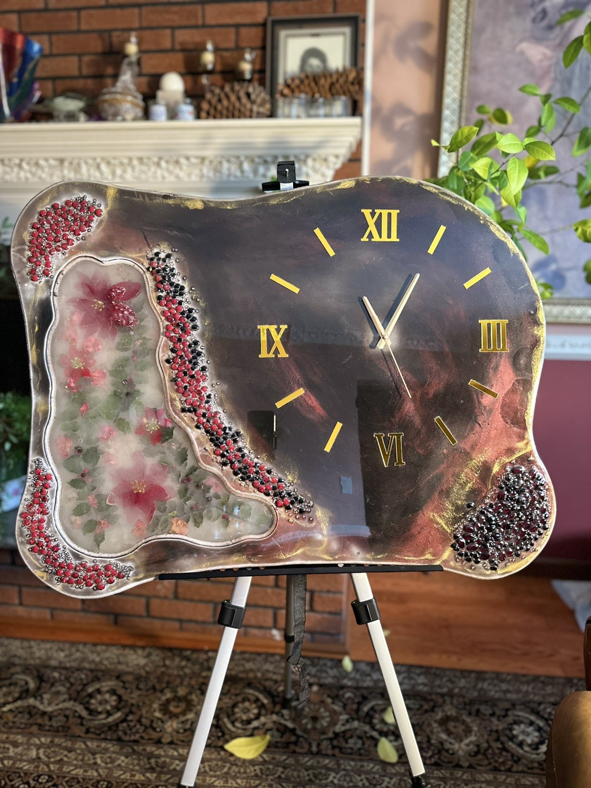 Luxury Handmade Resin Wall Clock Floral Art Freeform Design Decor Roman Numerals