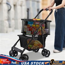 Folding Shopping Cart w/Wheels Collapsible Cart with Storage Crate 2-Layer Black