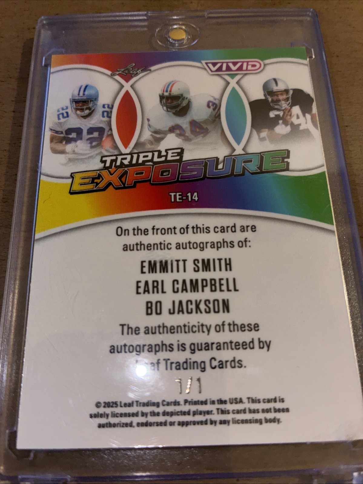 Emmitt Smith Earl Campbell Bo Jackson 1/1 Triple Auto 2025 Leaf Vivid Triple view 2
