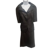 Ann Taylor Metallic Skirt Suit Set Size 12 Black Short Sleeve Italian Fabric