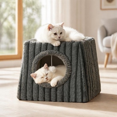 Indoor Cat House - Large Cat Cave Bed with Fluffy Balls, Foldable Cat Bed Cave