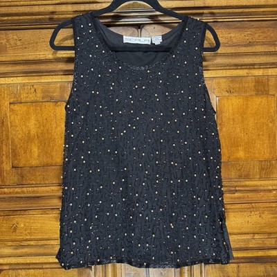 Scala Tank Top Womens Petite PM Silk Beaded Sequin Gold Embellished Party VTG