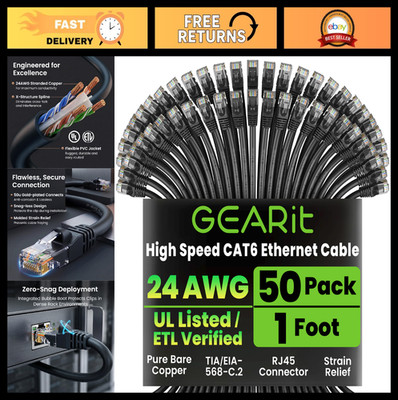 50-Pack Cat 6 Ethernet Cables - 1ft Snagless RJ45 Network Patch Cords, 10Gbps, B