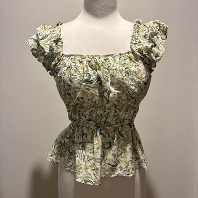 Gibsonlook Women's Top Size XXS green Floral Milkmaid Ruffle
