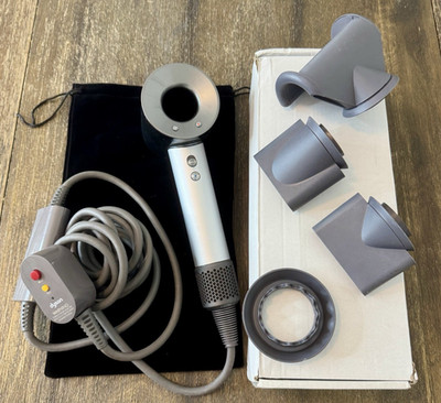 Dyson Supersonic Hair Dryer Grey/Silver w/ Attachments And Bag Tested Works