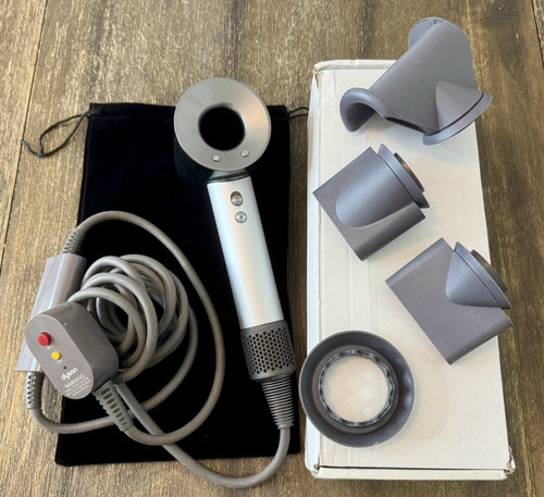 Dyson Supersonic Hair Dryer Silver/Gray w/ Attachments And Bag Tested Works