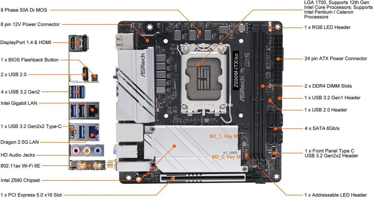 ASRock Z690M-ITX/ax LGA 1700 Intel Z690 DDR4 Mini ITX Intel