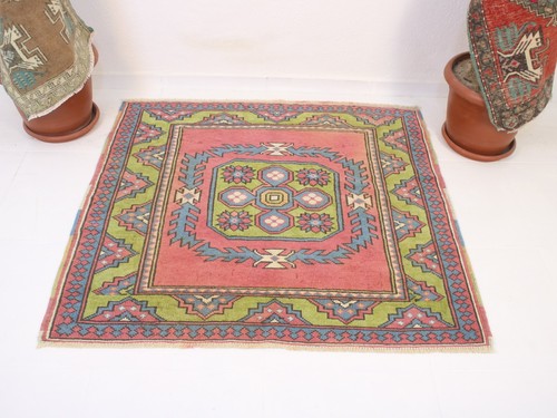 Vintage Turkish Square Rug 4.1x3.8 ft | Handmade Wool Pink Green Rug | 128x118