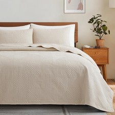 Beige Quilt Full/Queen Size W/ Pillow Shams Summer Soft Geometric Pattern