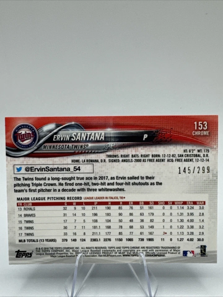 2018 Topps Chrome Purple Refractor /299 Ervin Santana #153 Minnesota Twins - Image 2 of 2