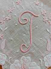 Vgt T Monogram Pink Embroidered White Linen Hankie Handkerchief