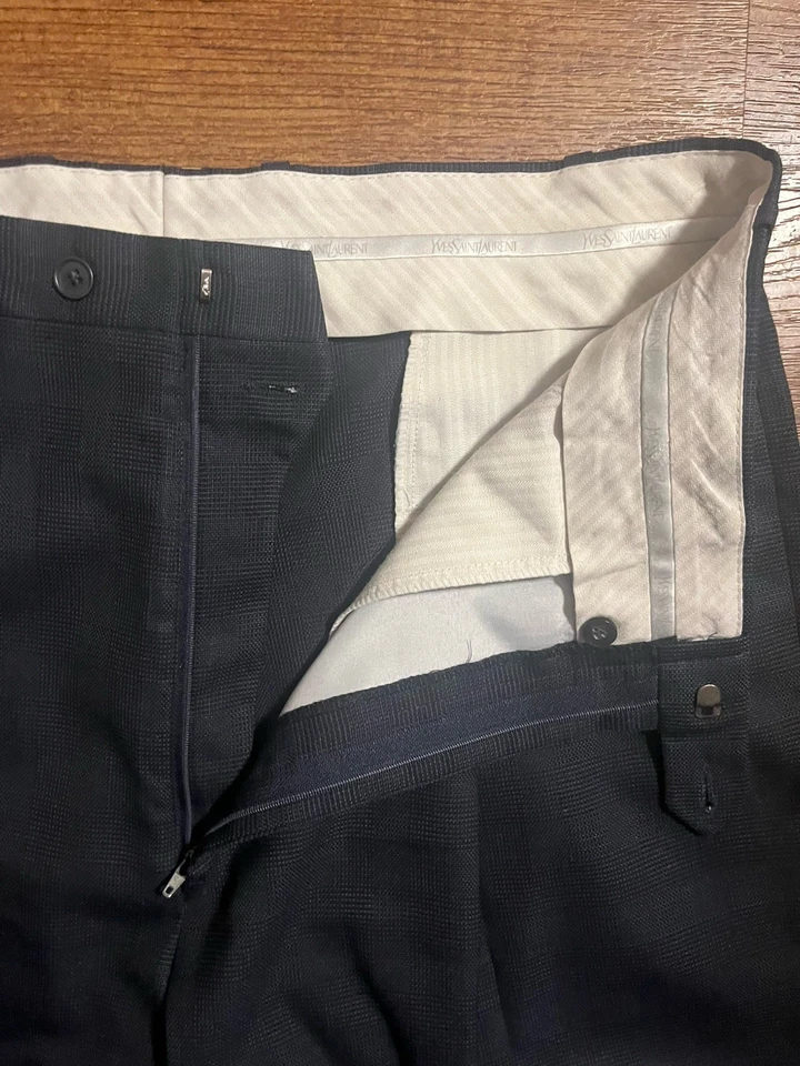 Vtg Yves Saint Laurent Men's 36x34 Blue Patterned Wool Trousers Pleated Cuffed - Image 3 of 4