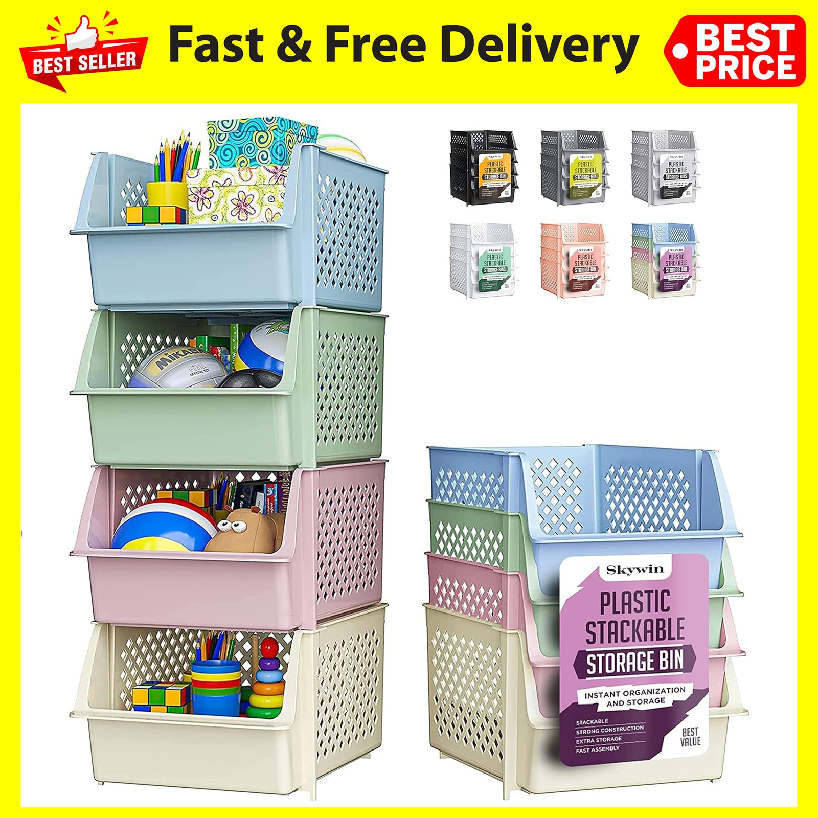 Skywin Stackable Storage Bins 4Pack MultiColored Food,Kitchen,Bathroom Organizer