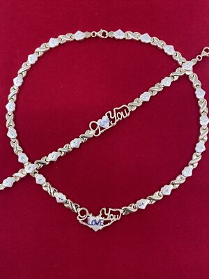 Hugs Kisses Fancy Heart Bracelet Necklace Set 14K Yellow Gold Plated Silver 925 