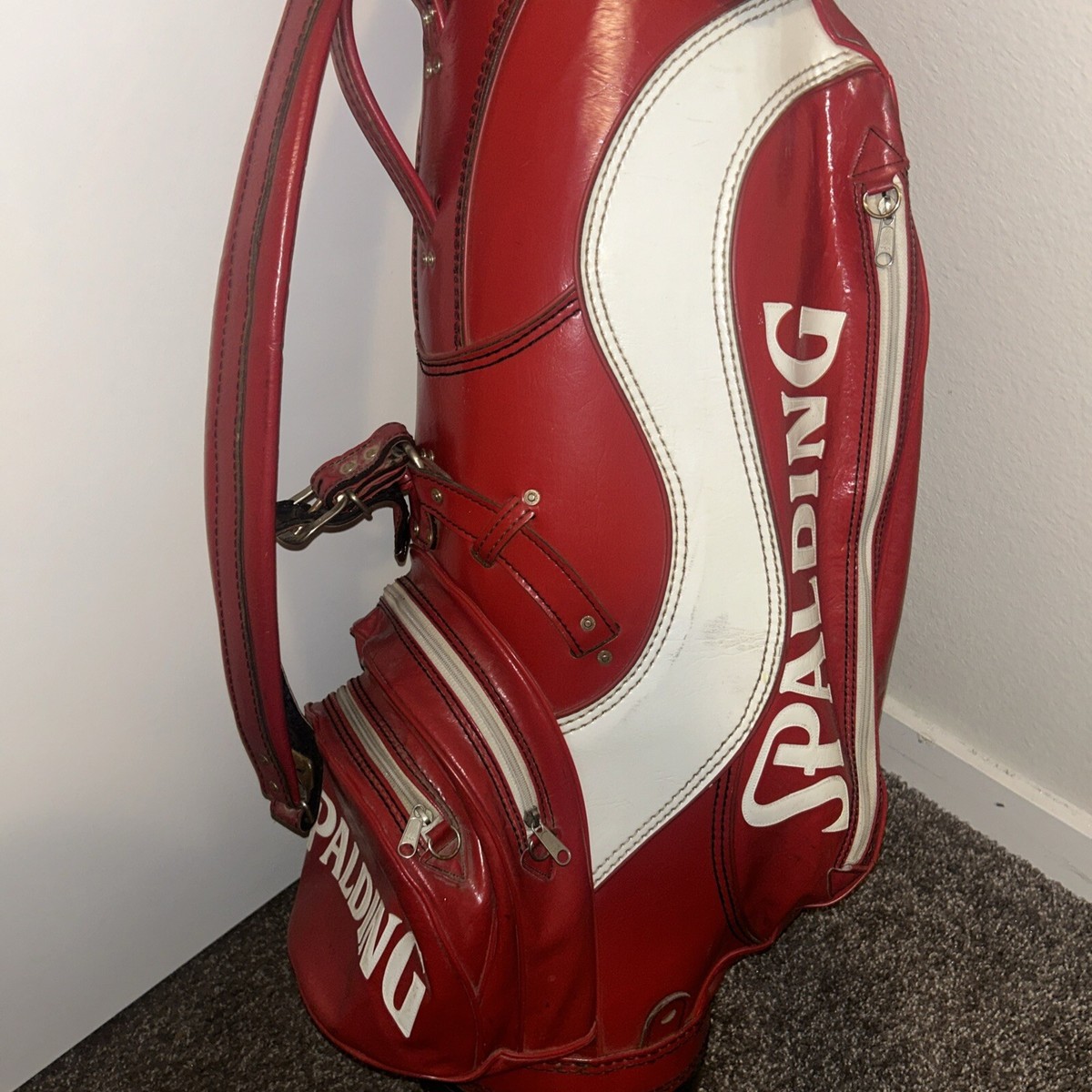 Spalding Golf Red And White Leather Pro Shop Display Staff Bag Vtg