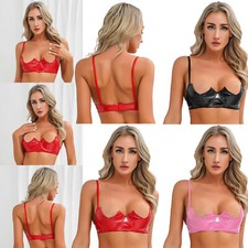 Women's V-Notch Underwired Bra Tops Patent Leather Brassiere Lingerie Underwear
